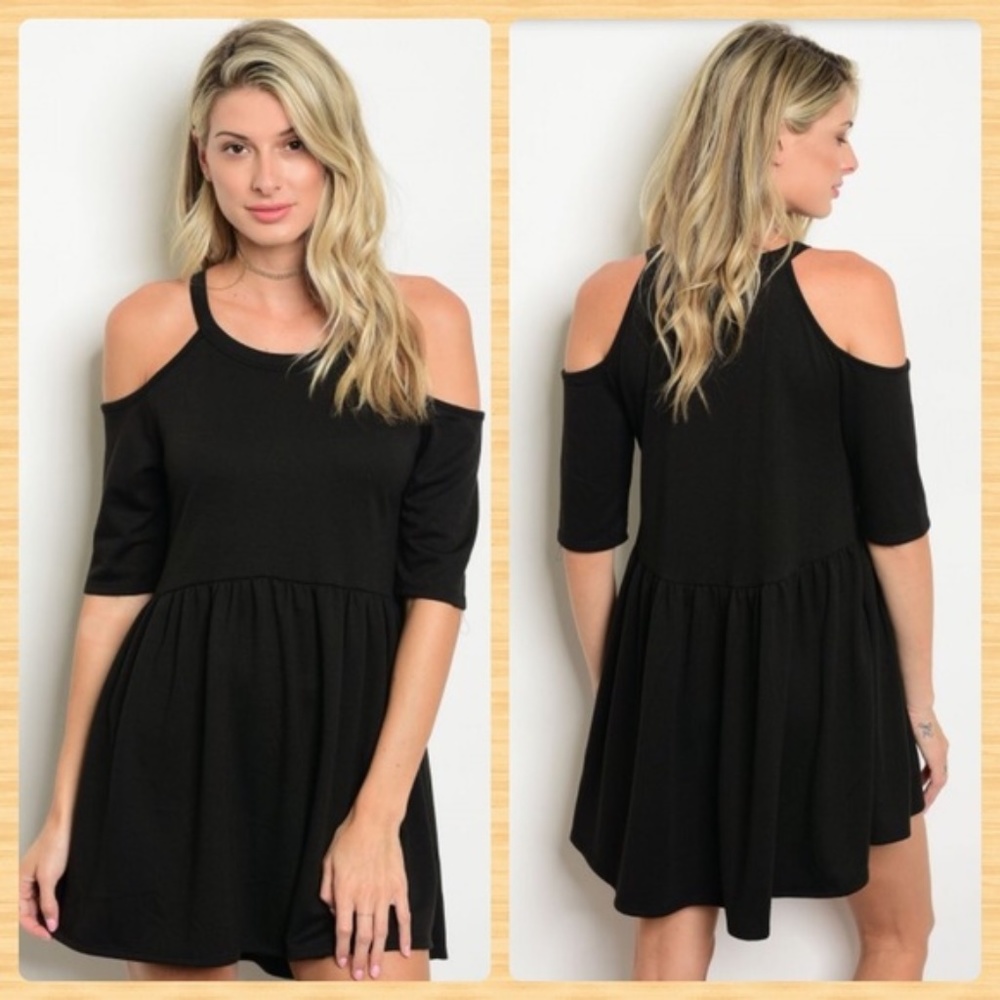 Little flowy Black Cold Shoulder comfy mini Dress Small S Large L